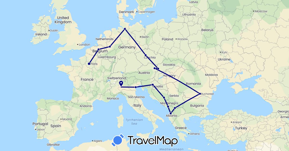 TravelMap itinerary: driving in Albania, Austria, Bosnia and Herzegovina, Belgium, Czech Republic, Germany, France, Croatia, Italy, Montenegro, Romania, Slovakia, Kosovo (Europe)
